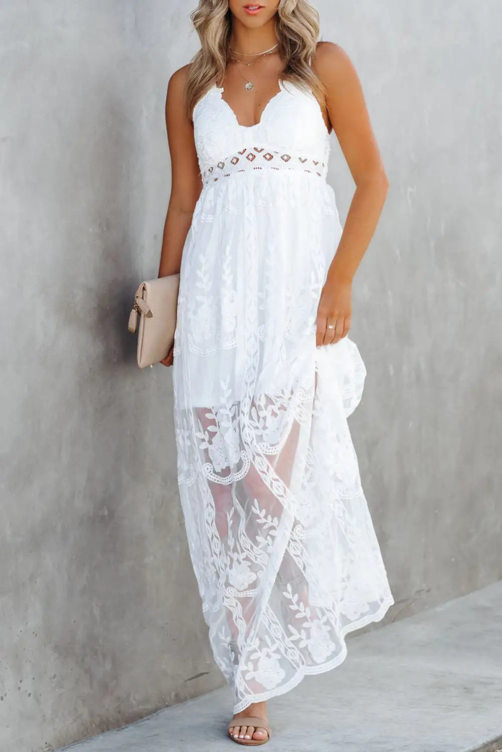 White Lace Crisscross Backless Maxi Dress