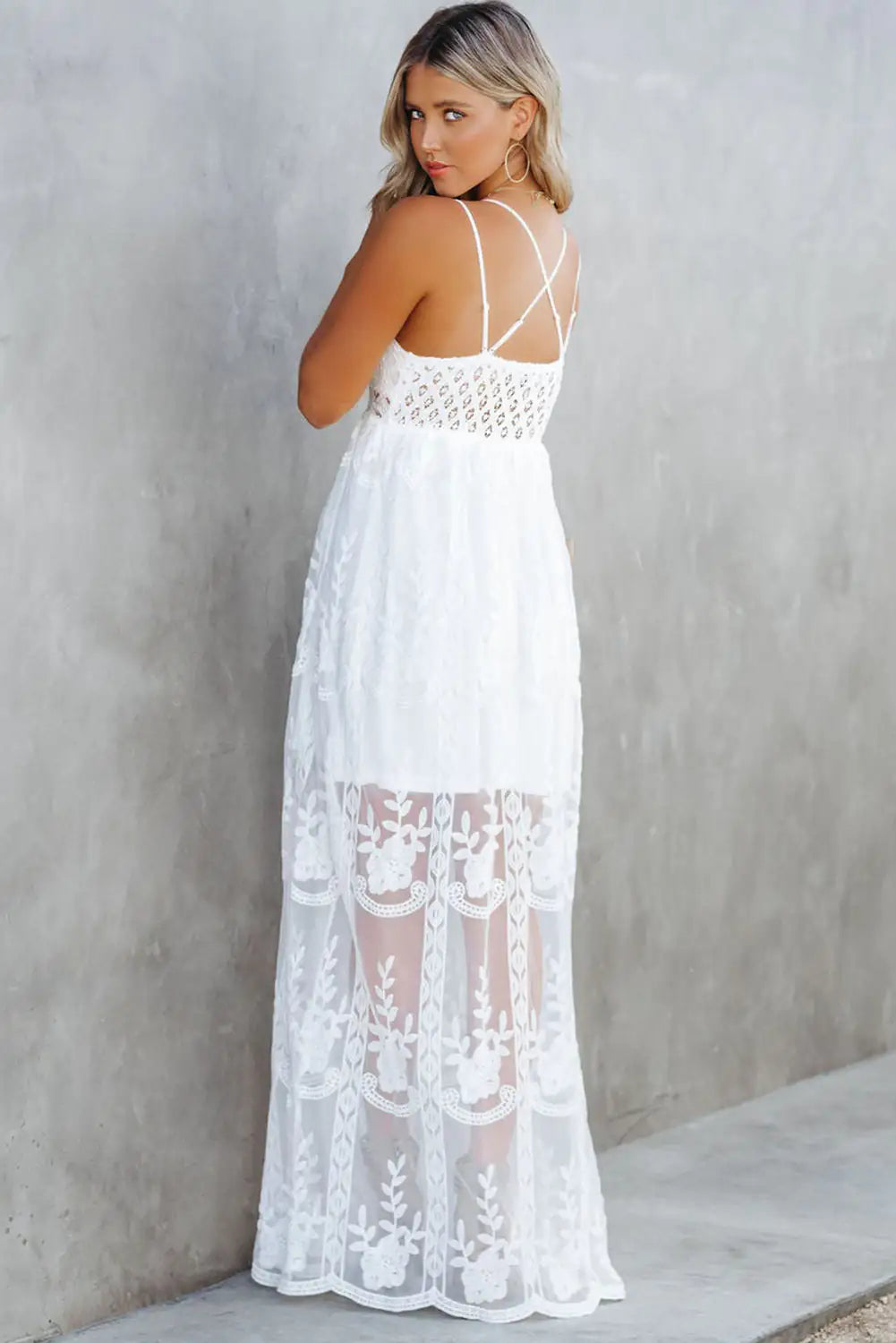 White Lace Crisscross Backless Maxi Dress